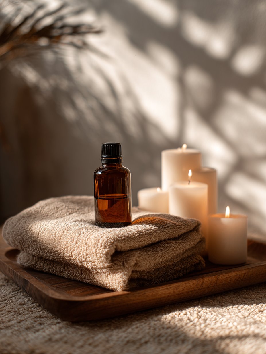 キャンドルとオイルが並ぶ施術台