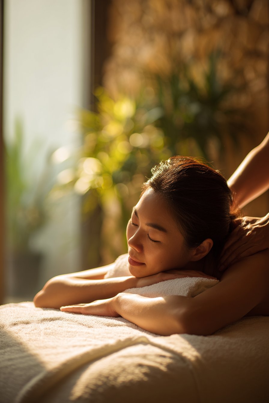 光差し込む個室でリラックスする女性